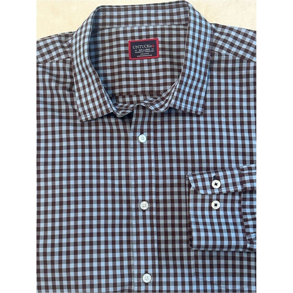 UNTUCKit Mclaren Men XXL Button Down Shirt Blue Brown Gingham Wrinkle Free